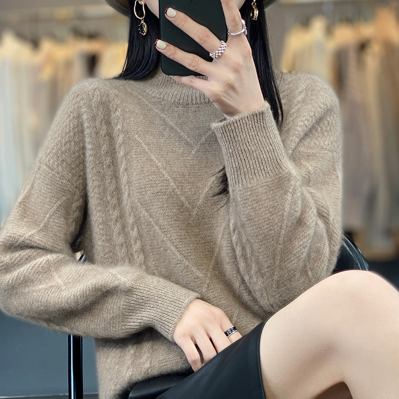 Women's chunky knit sweater with innovative cable pattern and high stand-up collar NOVAE