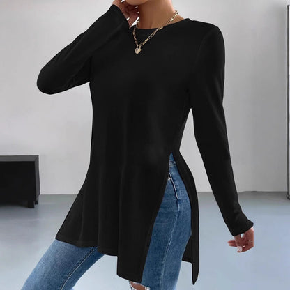 Women's oversized long-sleeved top with side slits and round neckline NOVAE