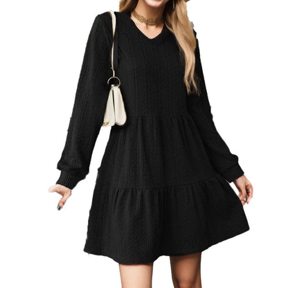 Women's casual V-neck dress with voluminous hem and long sleeves NOVAE