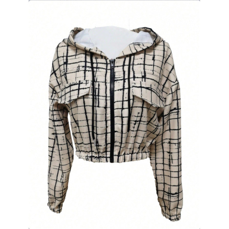 Women's stylish short jacket with geometric pattern and modern kangaroo pocket NOVAE