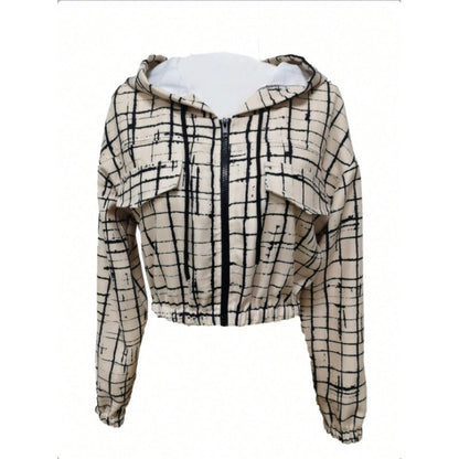 Women's stylish short jacket with geometric pattern and modern kangaroo pocket NOVAE