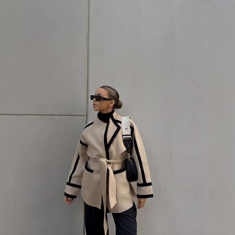 Women's fashionable oversized coat with belt and graphic contrasts NOVAE