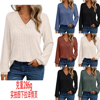 Women's comfortable long-sleeved shirt with structured V-neck NOVAE