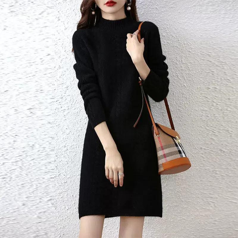 Women's knit dress with elegant cable design and high collar NOVAE