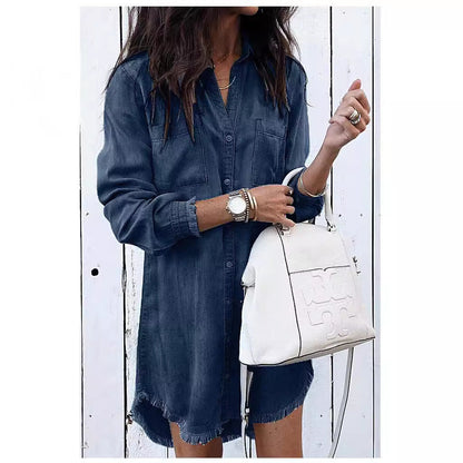 Women's casual denim shirt dress with trendy fringe detail NOVAE