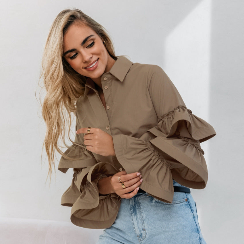 Women's blouse with voluminous ruffle details and classic collar NOVAE