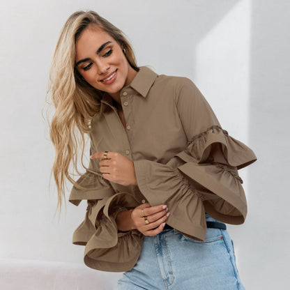 Women's blouse with voluminous ruffle details and classic collar NOVAE