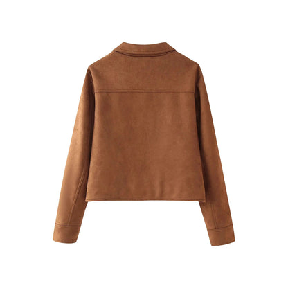 Women's fashionable short jacket made of imitation suede with practical pockets and an elegant collar NOVAE