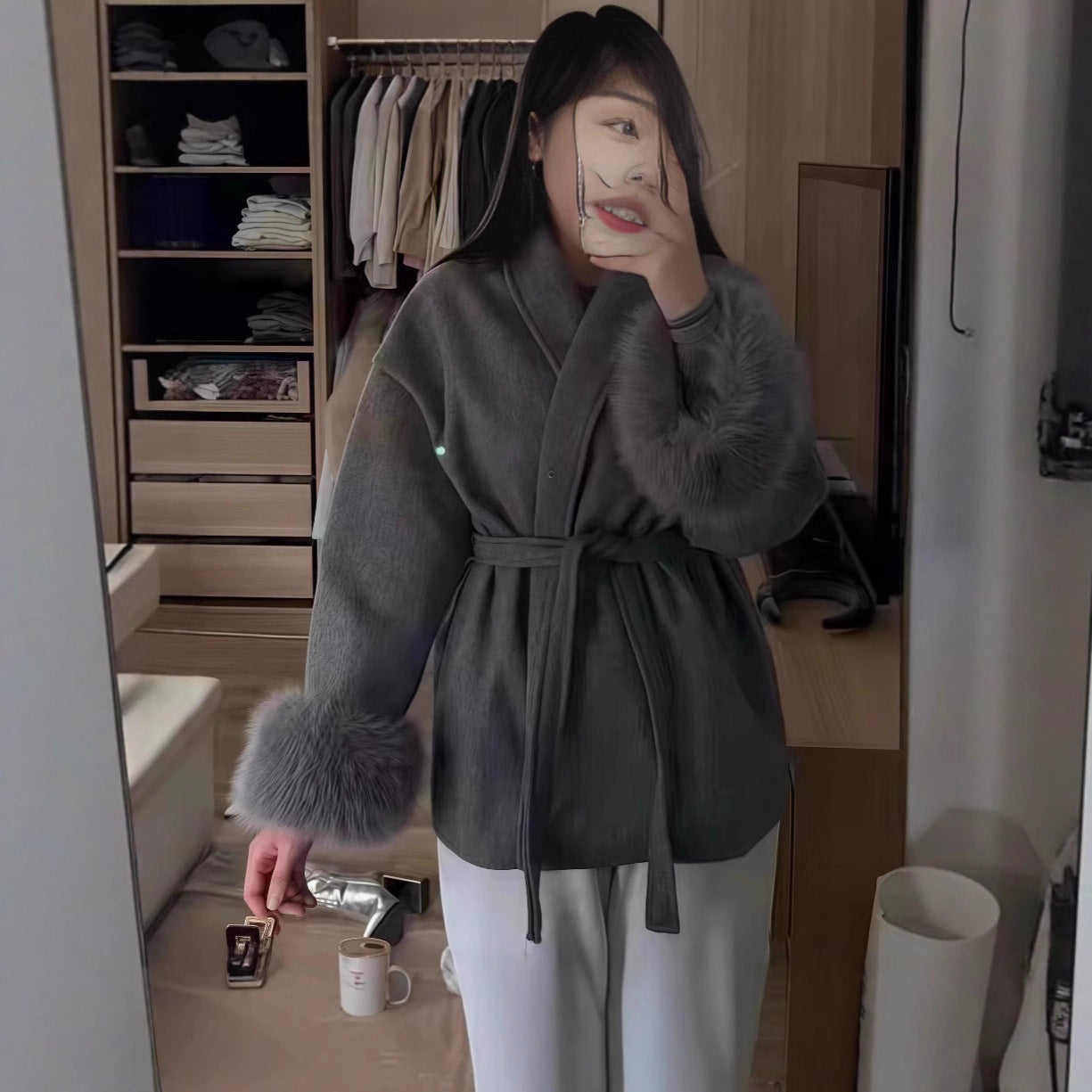 Women's elegant fleece jacket with detachable faux fur collar and belt NOVAE