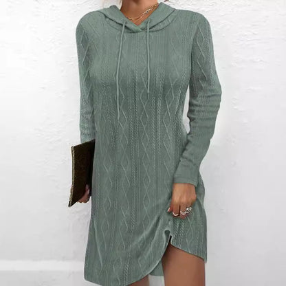 Women's hoodie dress with side slit and cable knit pattern NOVAE