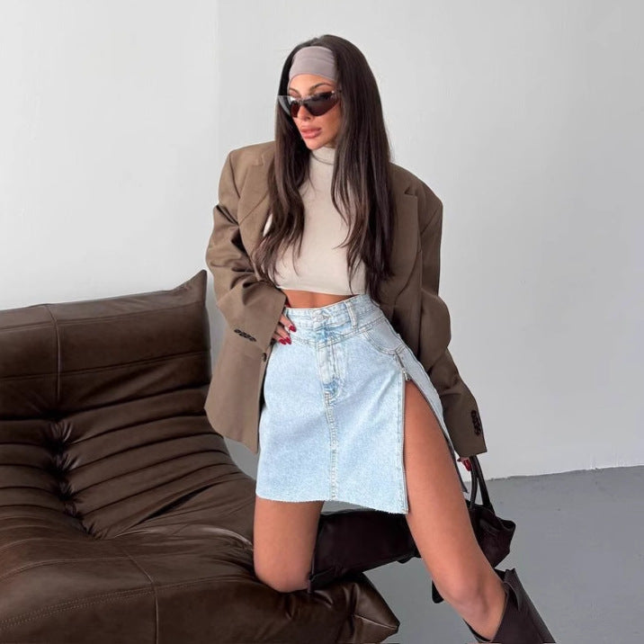 Women's denim skirt with asymmetrical hem and side zipper NOVAE