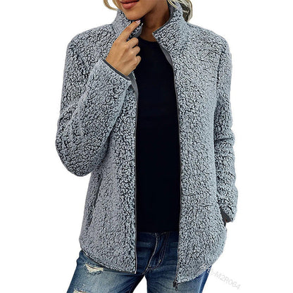 Women's fluffy fleece jacket with high collar and side pockets NOVAE