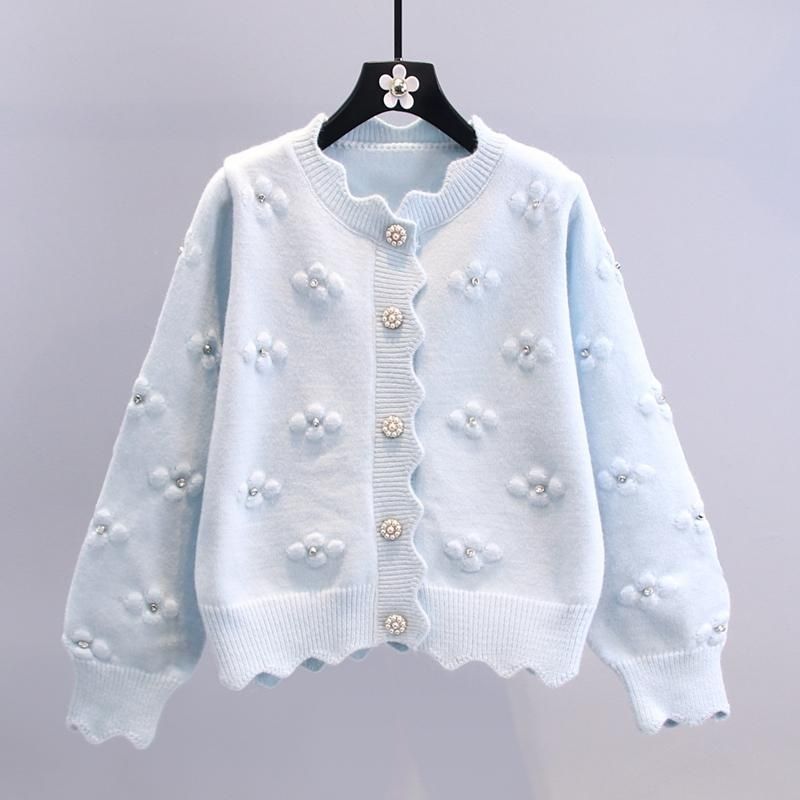 Women's playful knit cardigan with decorative pearl buttons and floral design NOVAE