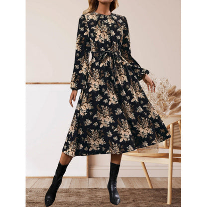Women's midi dress with floral details and waist belt NOVAE