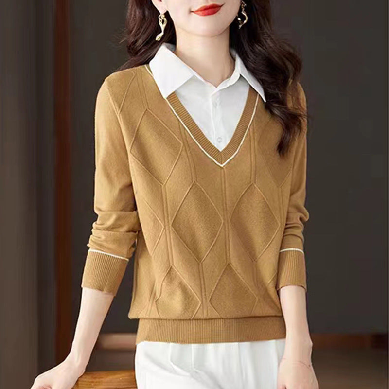 Women's knitted pullover with v-neck and textured diamond pattern NOVAE