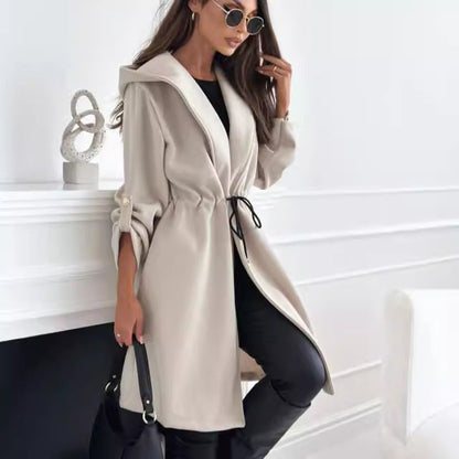 Women's hip-length fabric coat with hood and waist belt NOVAE