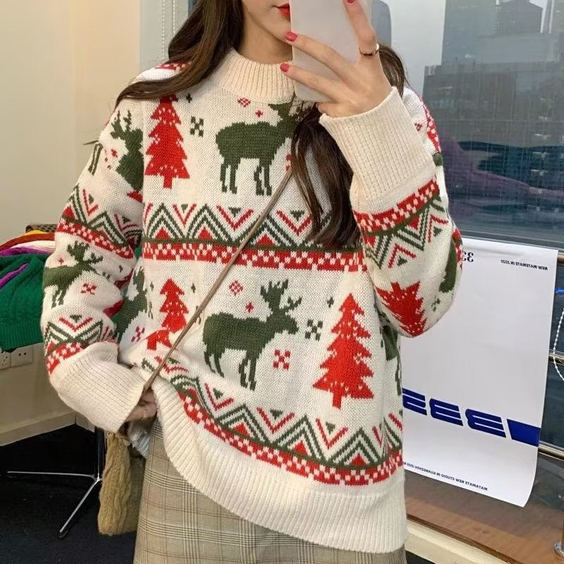 Women's chunky knit sweater with festive reindeer motif and round neckline NOVAE