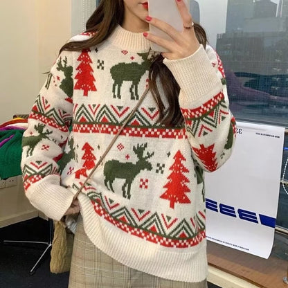 Women's chunky knit sweater with festive reindeer motif and round neckline NOVAE