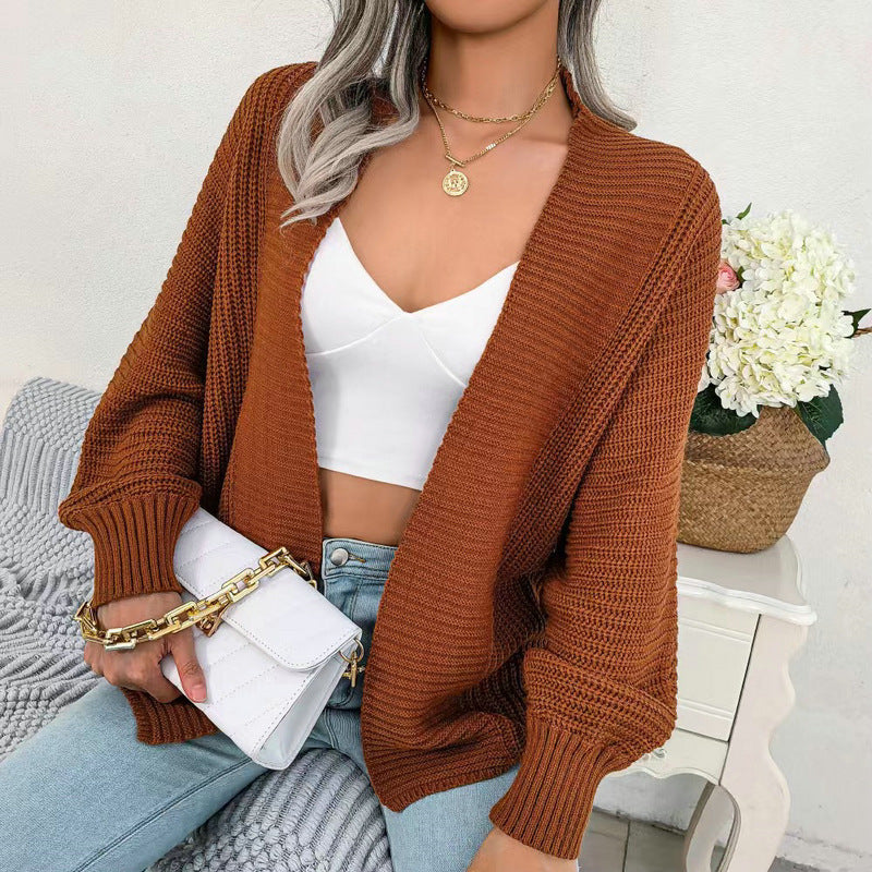 Women's chunky knit cardigan with wide sleeves and open V-neck NOVAE