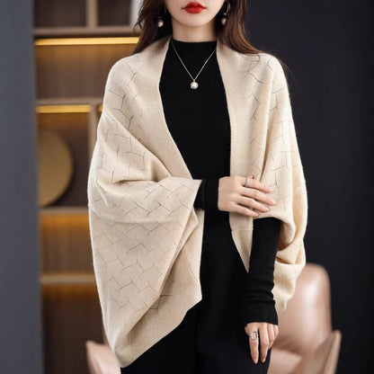 Women's Large Knit Poncho with Modern Diamond Pattern NOVAE