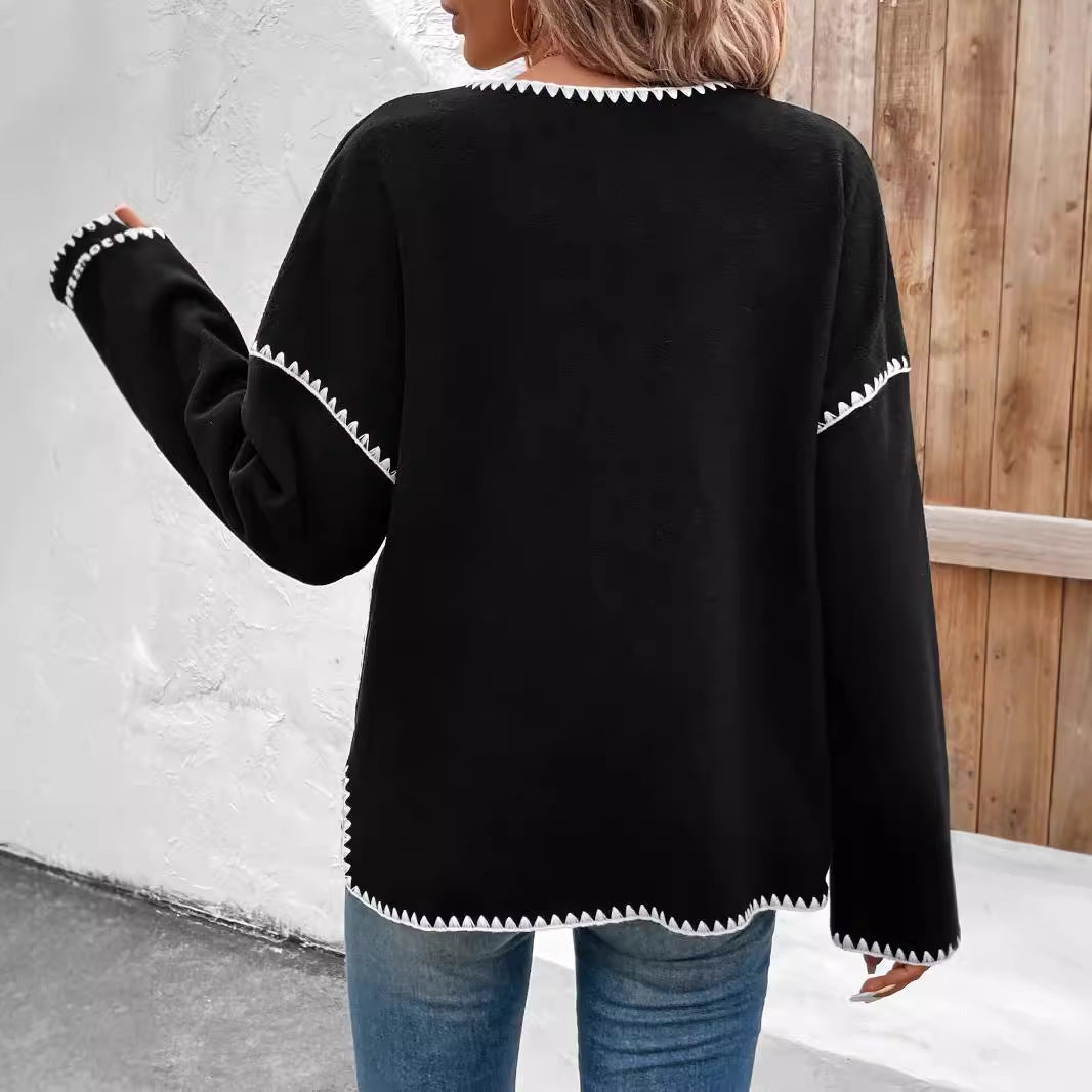 Women's fashionable cardigan with decorative contrast trim and large pockets NOVAE