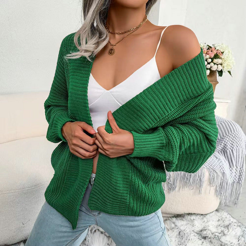 Women's chunky knit cardigan with wide sleeves and open V-neck NOVAE