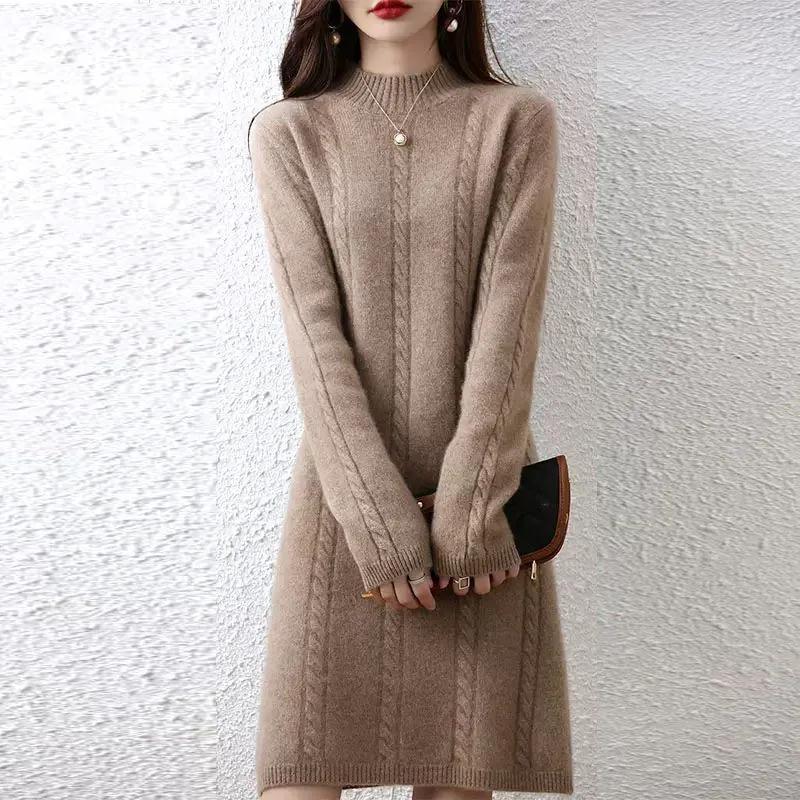 Women's knit dress with elegant cable design and high collar NOVAE