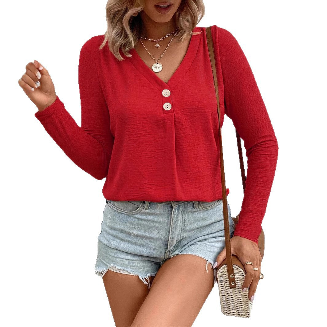 Women's long-sleeved T-shirt with a slit V-neck and decorative buttons NOVAE