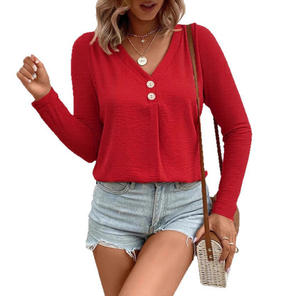 Women's long-sleeved T-shirt with a slit V-neck and decorative buttons NOVAE