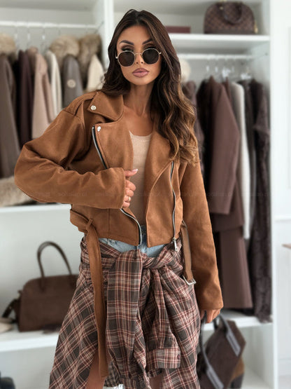 Women's biker jacket made of high-quality imitation suede with a tailored cut and side zippers NOVAE