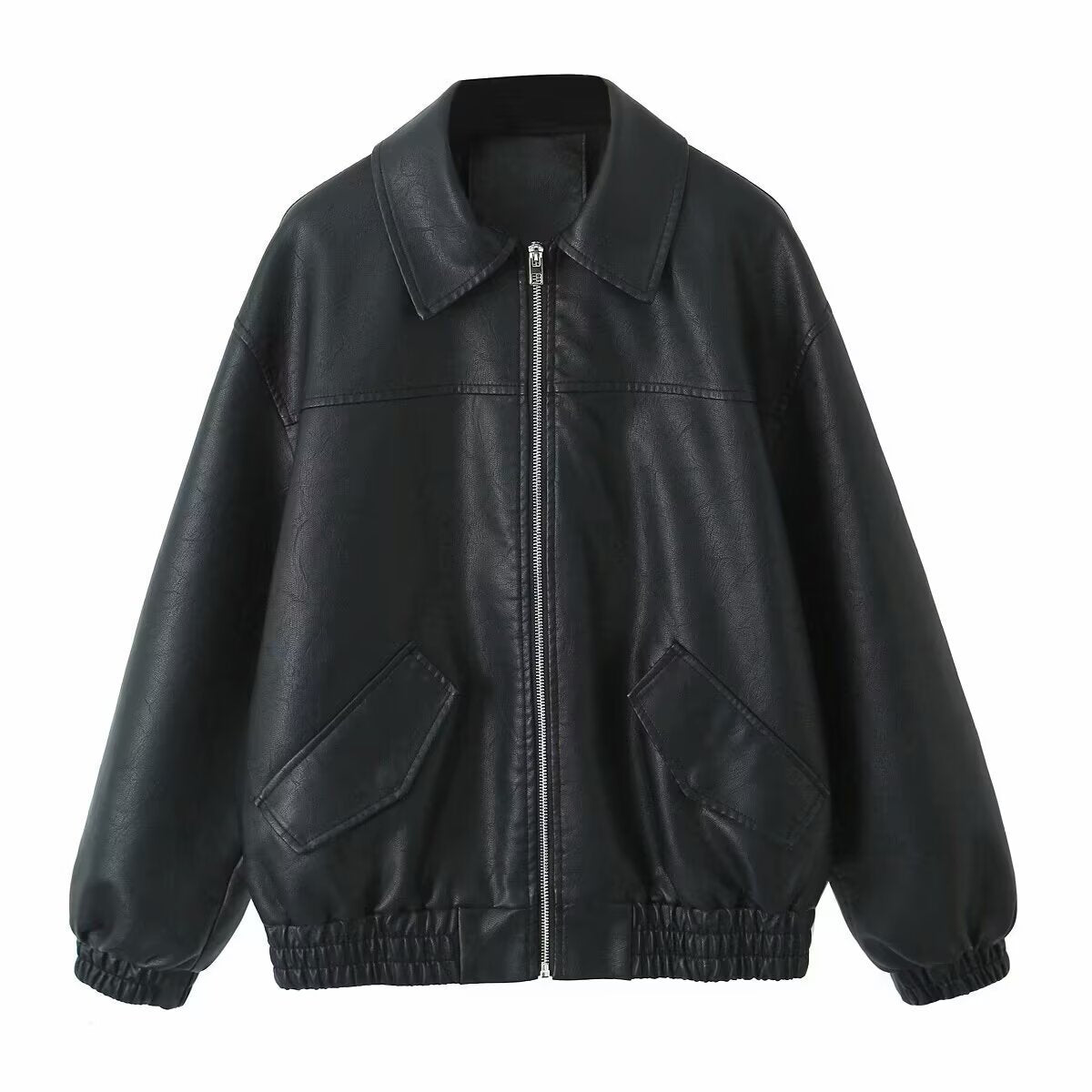 Women's casual leather jacket with elasticated hem and practical pockets NOVAE