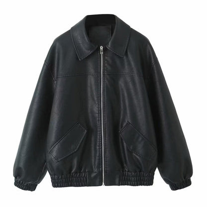 Women's casual leather jacket with elasticated hem and practical pockets NOVAE