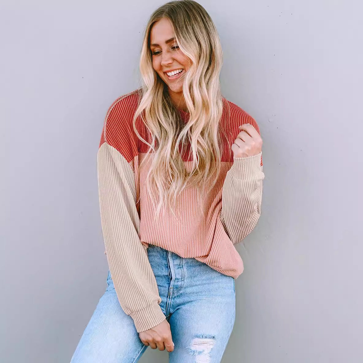 Women's casual ribbed sweater with color blocking NOVAE