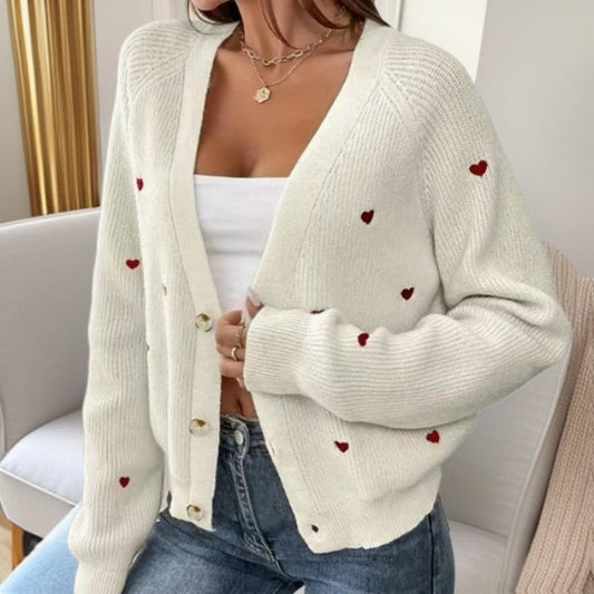 Women's casual cardigan with heart appliqués and deep V-neck NOVAE