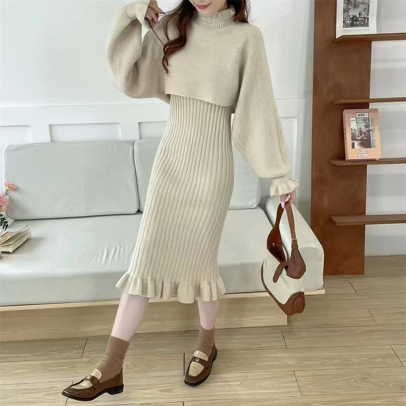 Women's knit dress with high neckline and ribbed texture NOVAE