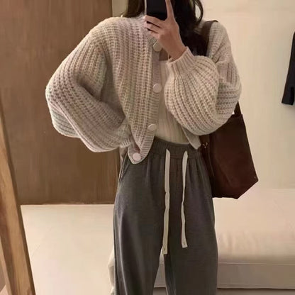 Women's chunky knit cardigan with voluminous sleeves and button details NOVAE