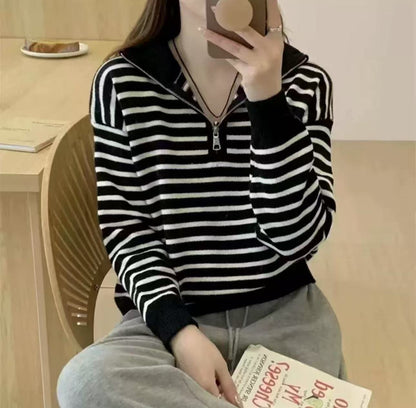 Women's knitted sweater with short zipper and fashionable striped pattern NOVAE