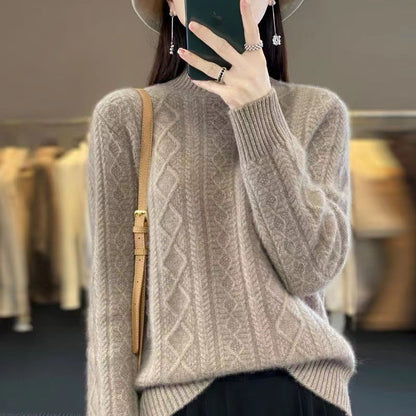 Women's High-Quality Knit Sweater with Stand-Up Collar and Cable Knit Design NOVAE