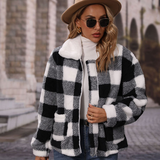 Women's Cozy Check Jacket with Asymmetrical Zipper NOVAE