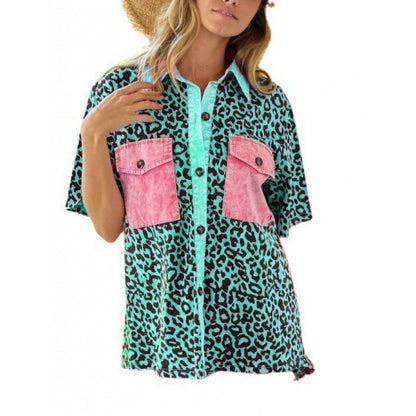 Women's oversized plaid shirt jacket with fashionable leopard print and practical pockets NOVAE