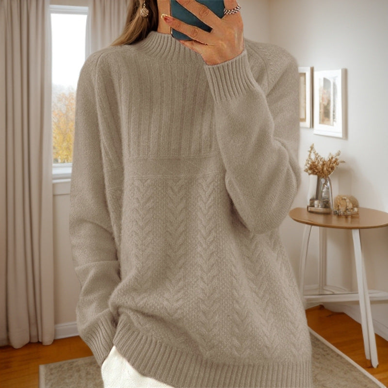 Women's knitted sweater with creative cable pattern and high collar NOVAE