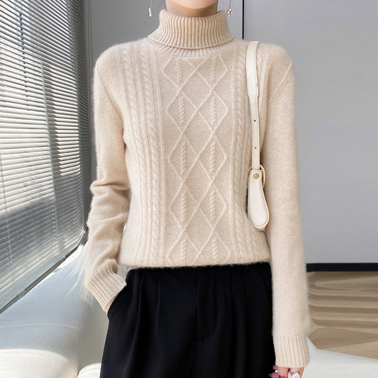 Women's knitted sweater with high collar and cable pattern NOVAE