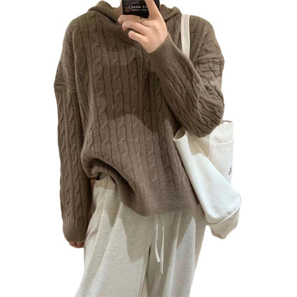 Women's Cozy Knit Sweater with Hood and Cable Pattern NOVAE