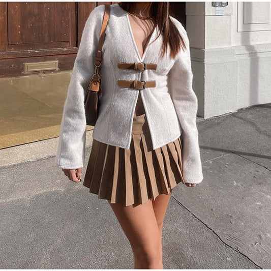 Women's elegant teddy jacket with decorative buckles NOVAE