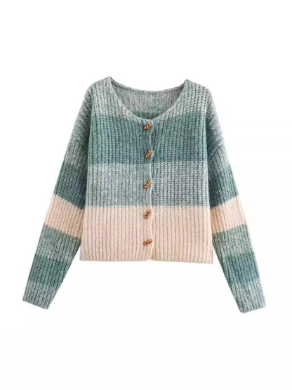 Women's cardigan with elastic rib design and wooden buttons NOVAE