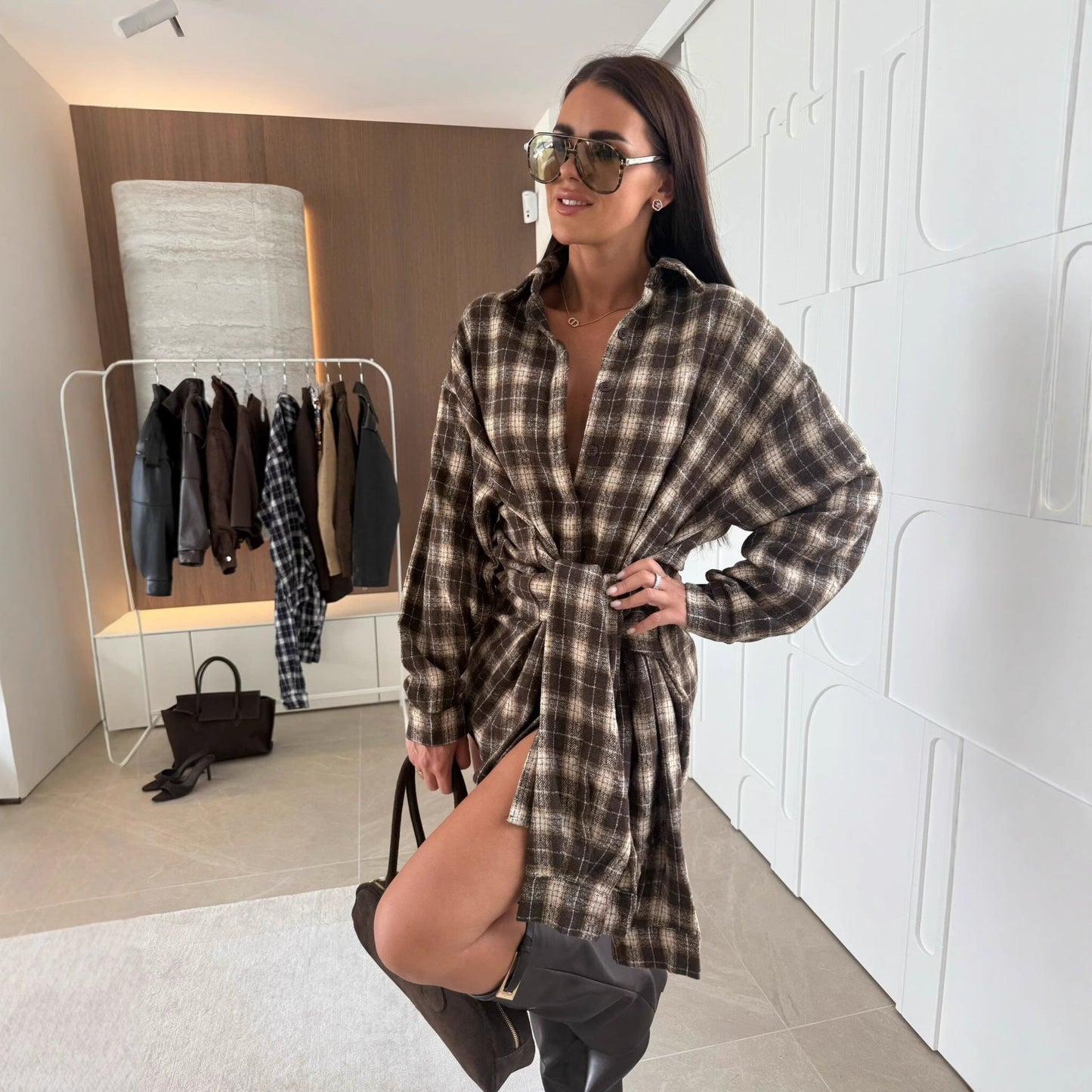 Women's shirt dress in a casual plaid design with adjustable waist belt NOVAE