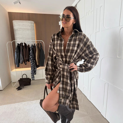 Women's shirt dress in a casual plaid design with adjustable waist belt NOVAE