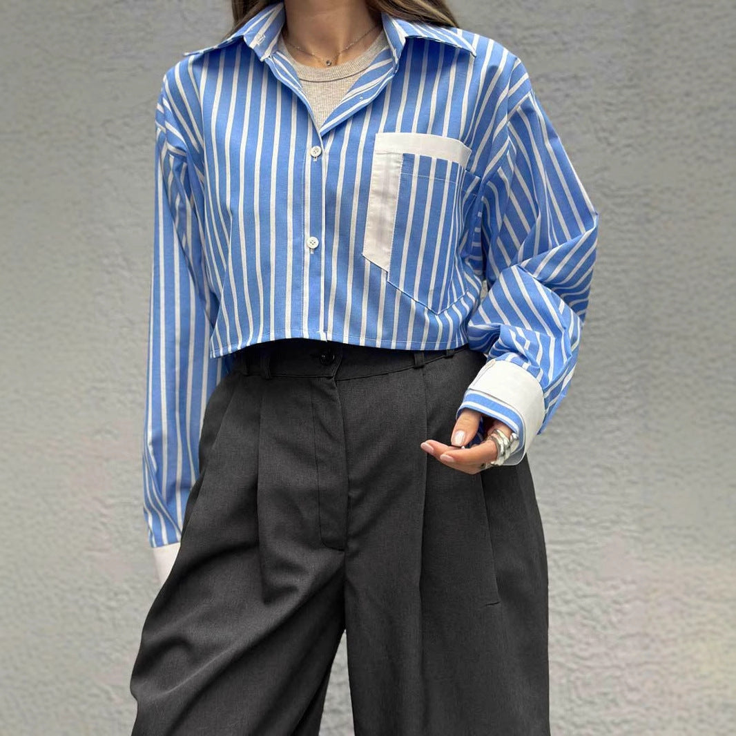 Women's cropped shirt blouse with fine stripes and contrasting chest pocket NOVAE