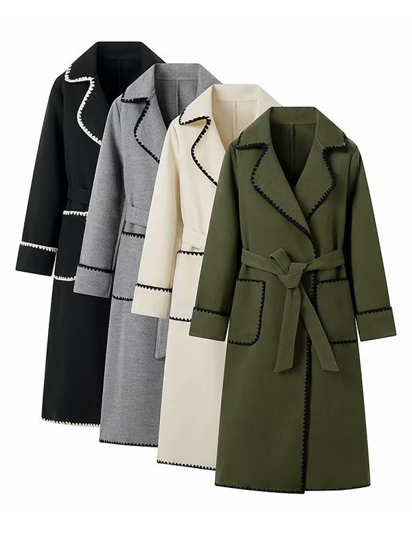 Women's elegant long coat with tie belt and contrasting piping NOVAE