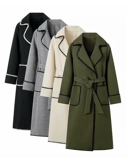 Women's elegant long coat with tie belt and contrasting piping NOVAE